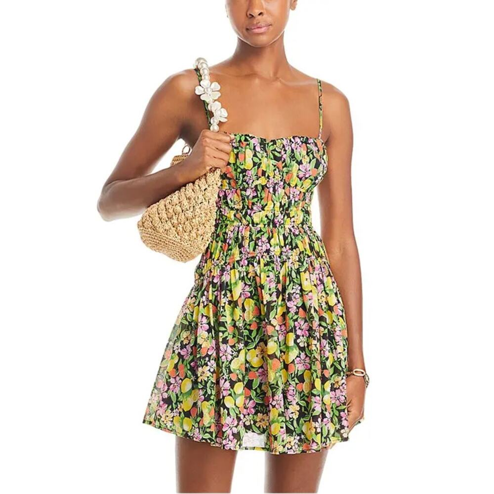 AQUA Fruit Print Mini Dress XS Multi Lemon Strawberry Floral Spaghetti Strap